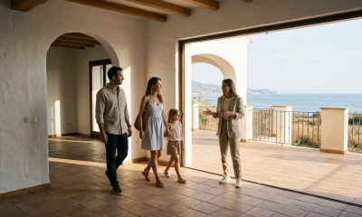 Young family and an estate agent look at the sea view from the terrace of an empty white villa near Estepona