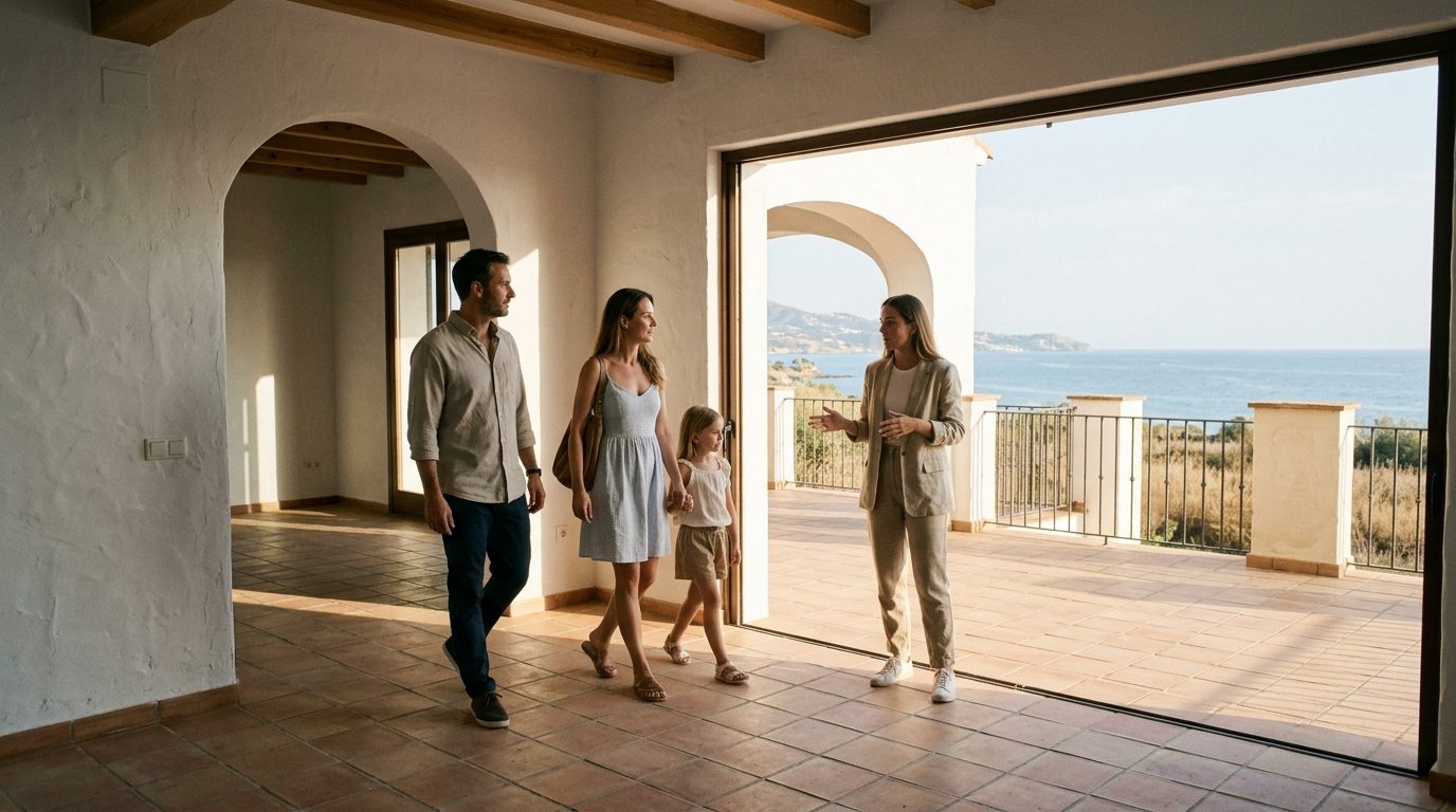 Young family and an estate agent look at the sea view from the terrace of an empty white villa near Estepona