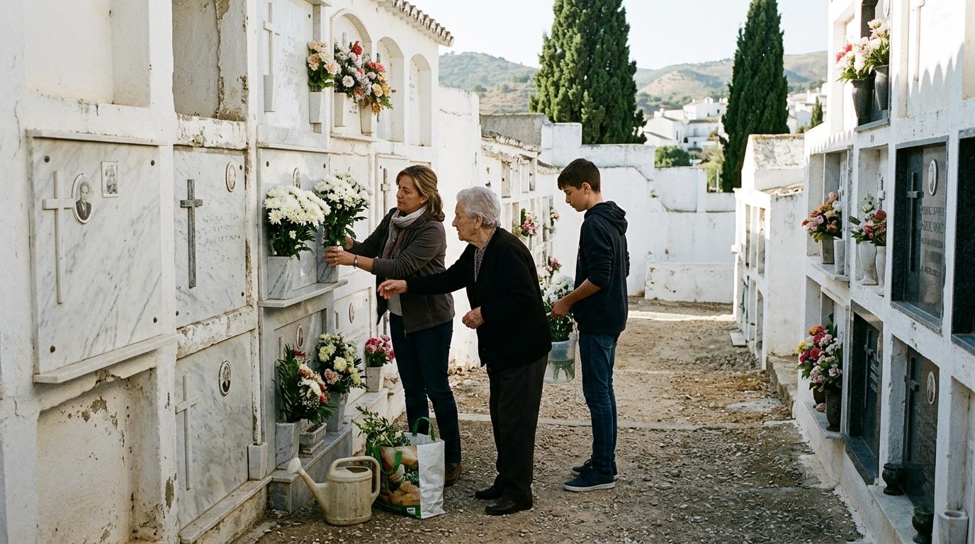 Three generations of a Spanish family placing chrysanthemums on a cemetery niche in an Andalusian village on a sunny morning