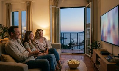 Expat family laughing on the sofa while watching TV through a media box in a Spanish living room with a sea view