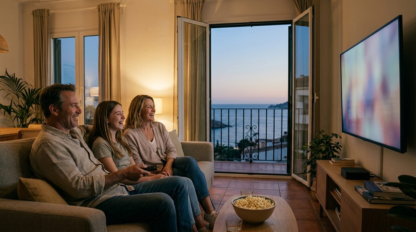 Expat family laughing on the sofa while watching TV through a media box in a Spanish living room with a sea view
