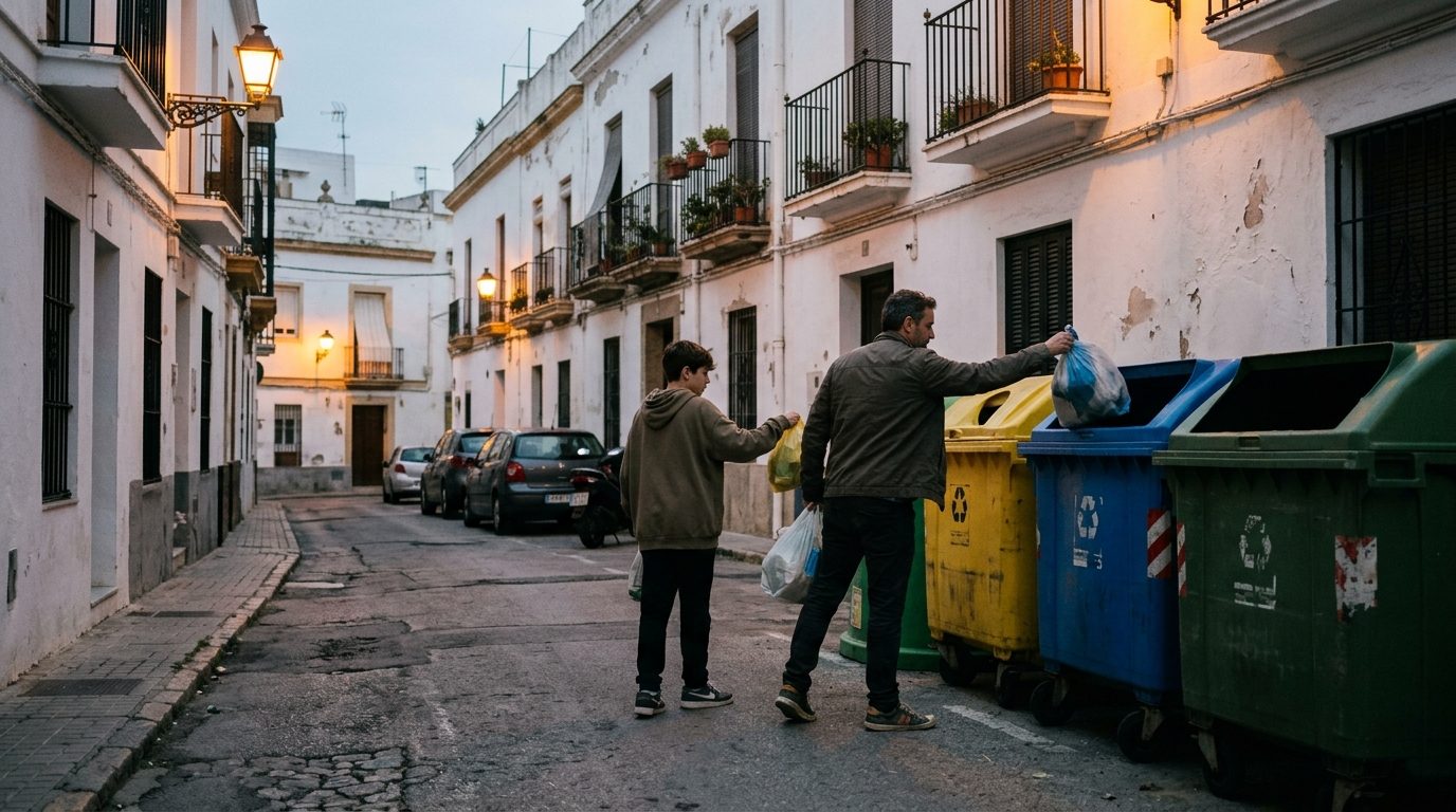 Father and teenage son putting sorted rubbish into colourful recycling containers on a whitewashed street in Cádiz at dusk