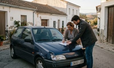 Two drivers filling in a joint accident report on a car bonnet in a quiet Spanish village street