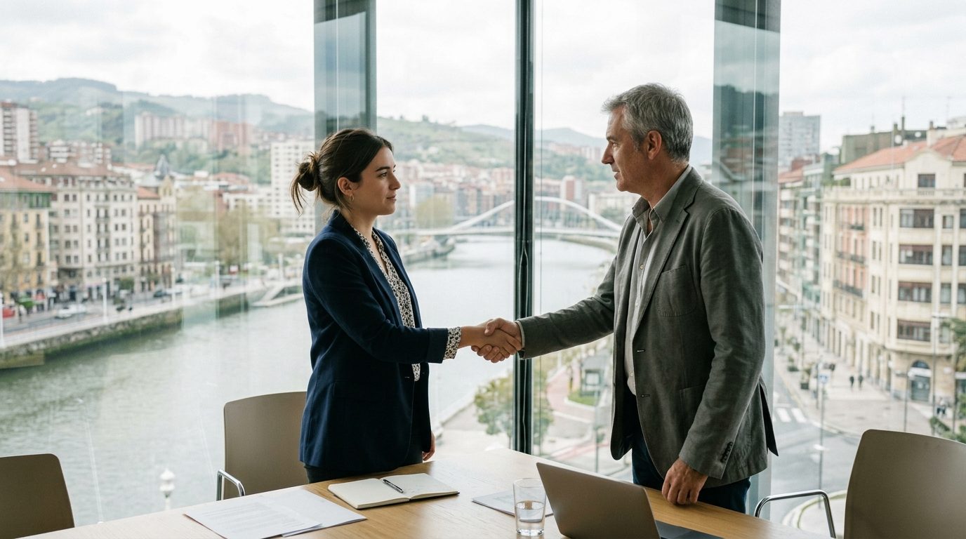 Young woman shaking hands with an older HR manager in a modern Bilbao office on her first day at work