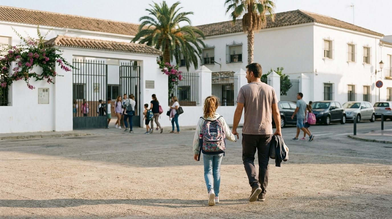 Father walking his daughter to the gate of a whitewashed primary school in Andalucía on a sunny September morning