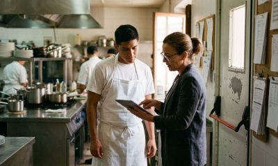 Young new employee reviewing his job paperwork on a tablet with an HR manager at a hotel kitchen in Seville