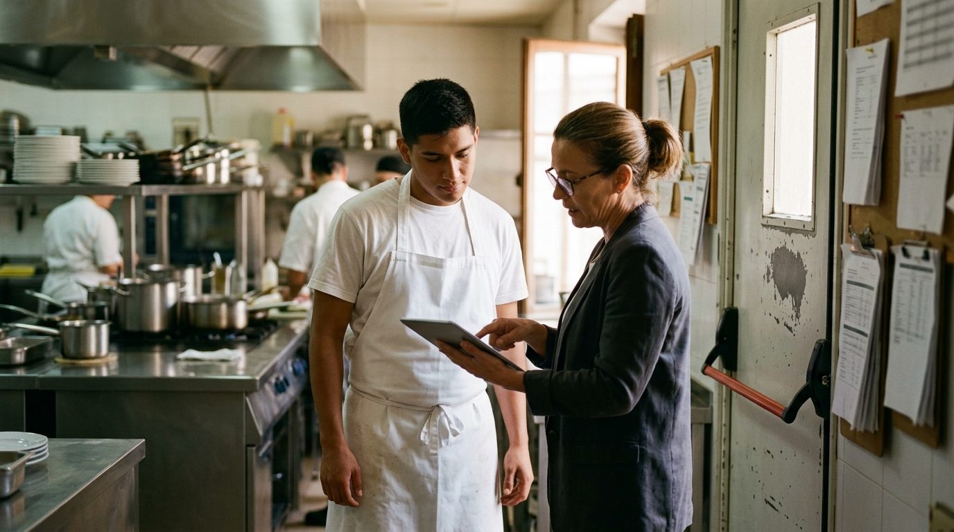 Young new employee reviewing his job paperwork on a tablet with an HR manager at a hotel kitchen in Seville