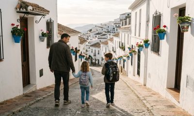Father walking two young children with school backpacks along a whitewashed street in Mijas on a sunny morning
