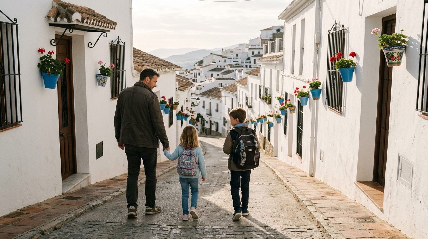 Father walking two young children with school backpacks along a whitewashed street in Mijas on a sunny morning