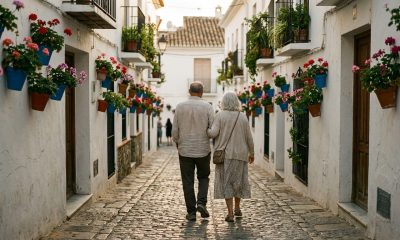 Older couple walking through a whitewashed Estepona street lined with colourful flowerpots at golden hour