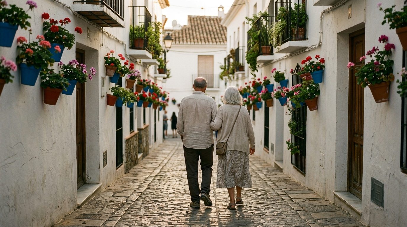 Older couple walking through a whitewashed Estepona street lined with colourful flowerpots at golden hour