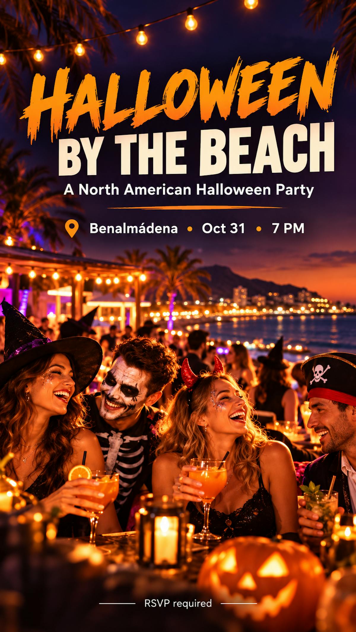 Halloween by the Beach poster: a North American Halloween party in Benalmádena on 31 October at 7 pm