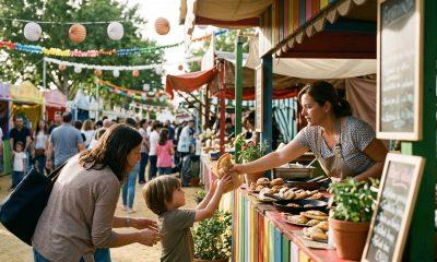 Mother and child tasting empanadas at a colourful international food stall at a spring fair in southern Spain