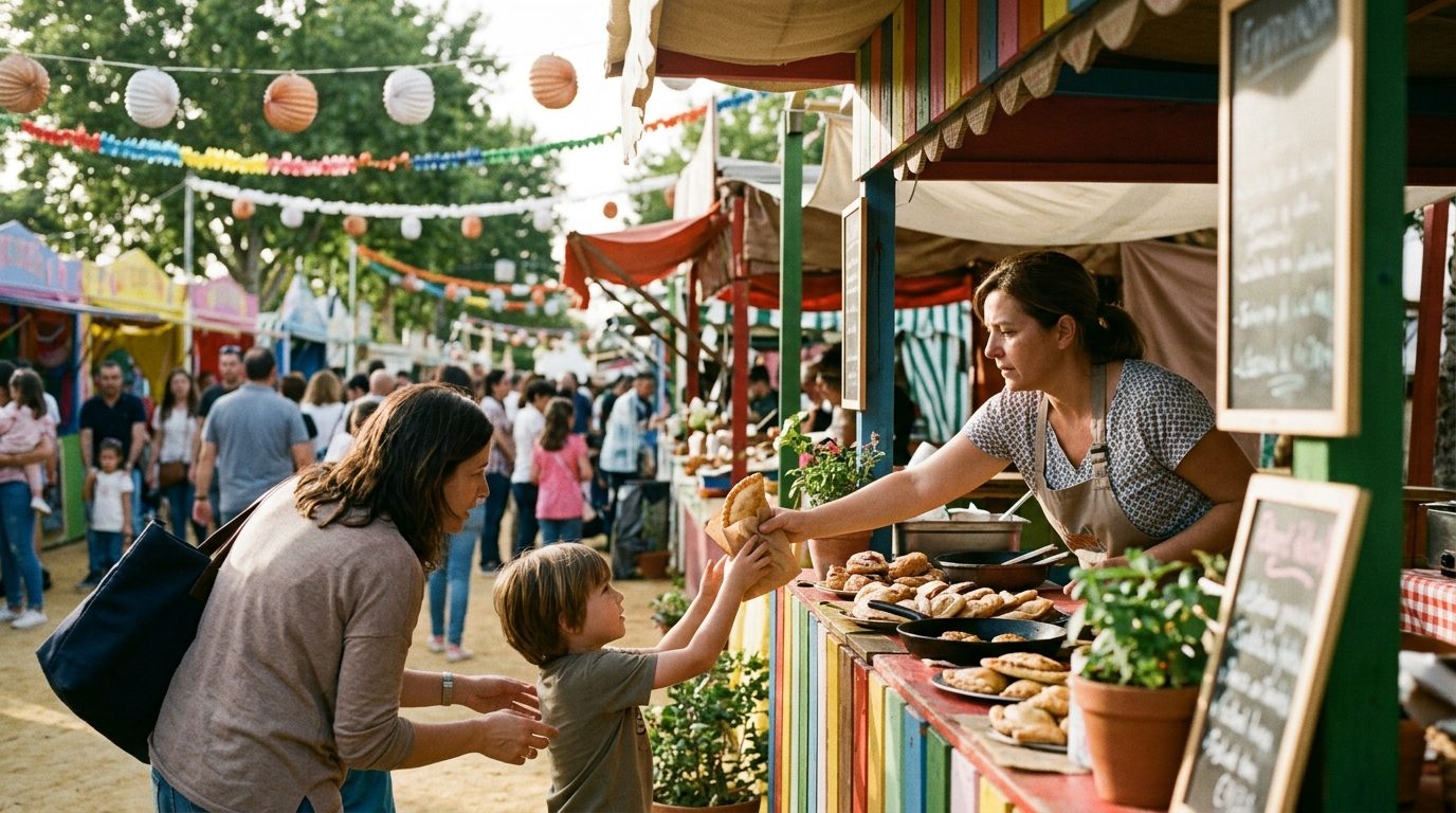 Mother and child tasting empanadas at a colourful international food stall at a spring fair in southern Spain