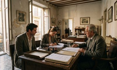 Two young founders signing company incorporation papers with a notary in an office in Valencia