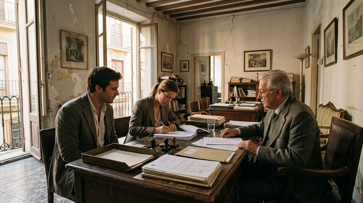 Two young founders signing company incorporation papers with a notary in an office in Valencia