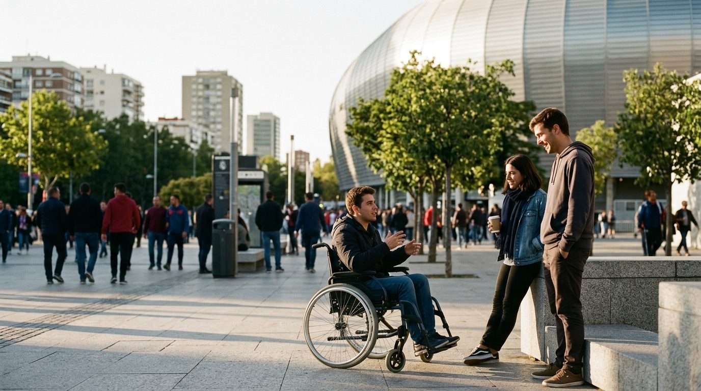 Three young friends chatting outdoors on a sunny Madrid street near the stadium before a football match