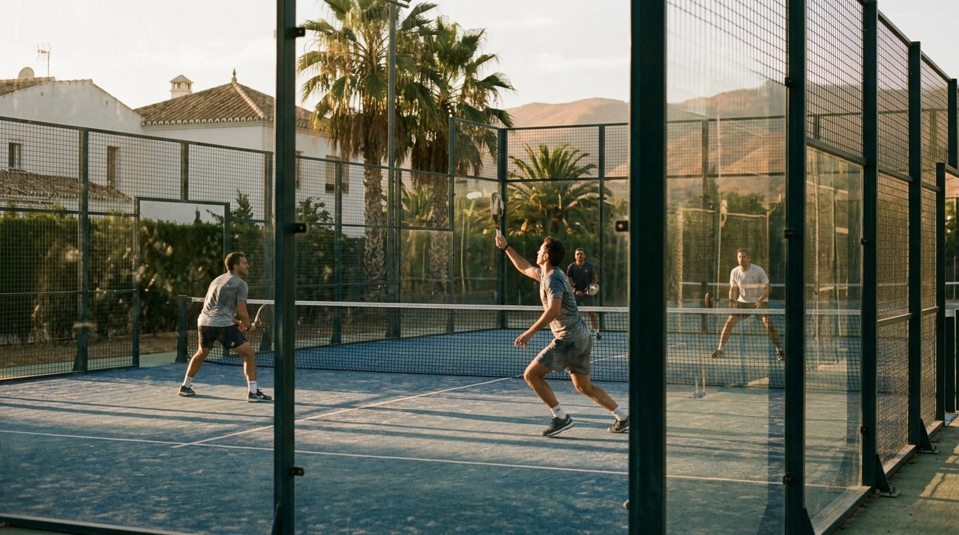 Four people playing a doubles padel match on an outdoor court in southern Spain