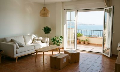 Bright newly furnished Mediterranean apartment with sofa, lamp, plants and delivery boxes