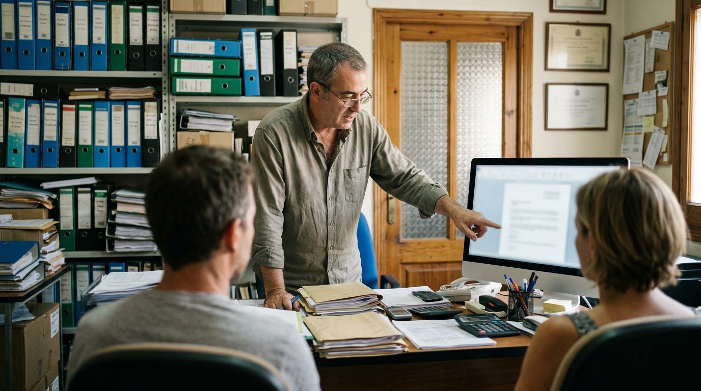 Spanish gestor pointing at a screen while explaining a tax return to an expat couple in his office
