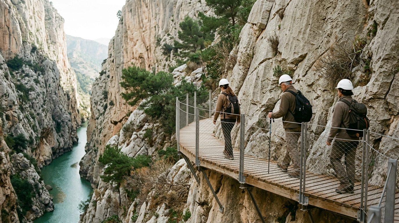 Hikers in safety helmets walking the Caminito del Rey boardwalk above the Gaitanes gorge in the morning