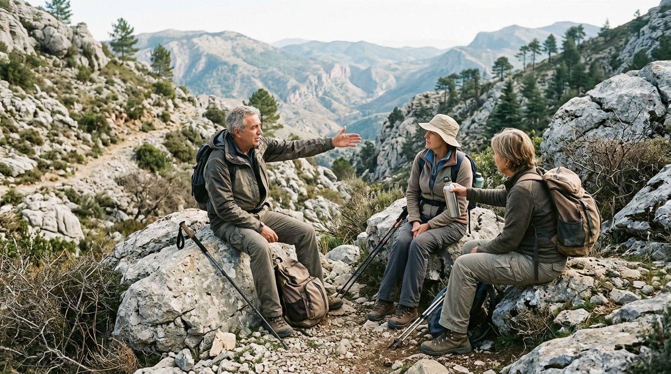 Members of a hiking club resting on a mountain trail in the Sierra de las Nieves on a clear morning