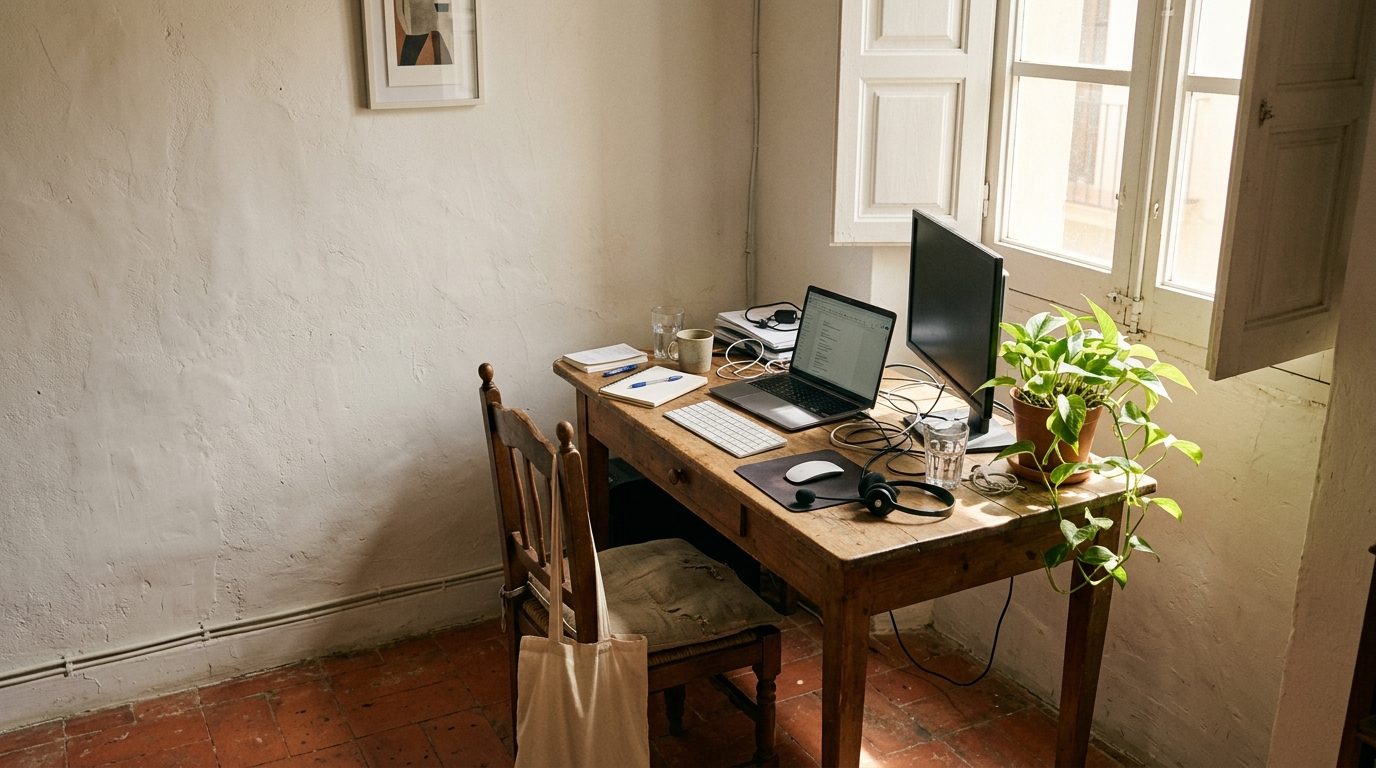 Home office corner in a Spanish apartment with a laptop, external monitor and keyboard by a window