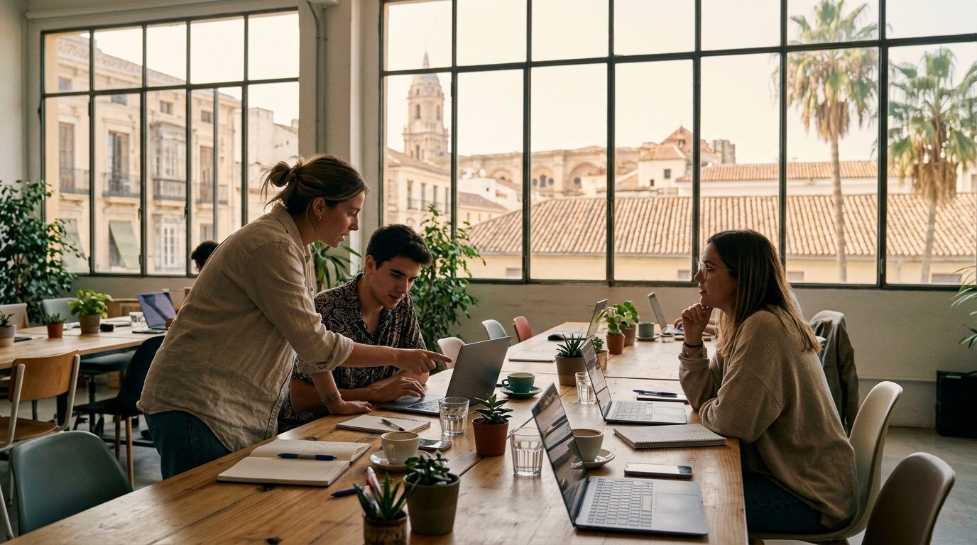 Three young professionals working together in a bright coworking space in Malaga with old town rooftops behind