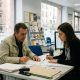 Middle-aged man going through unemployment benefit documents with an adviser at an employment office in Zaragoza