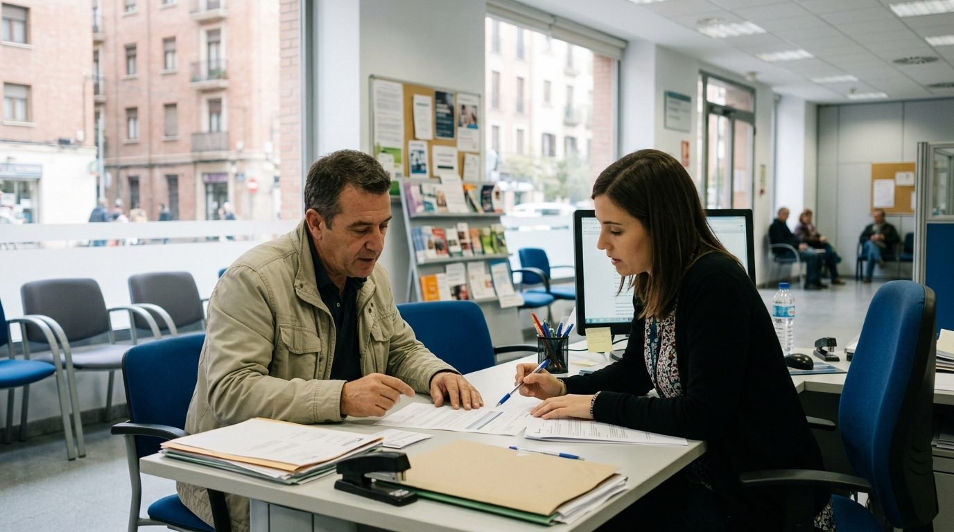 Middle-aged man going through unemployment benefit documents with an adviser at an employment office in Zaragoza