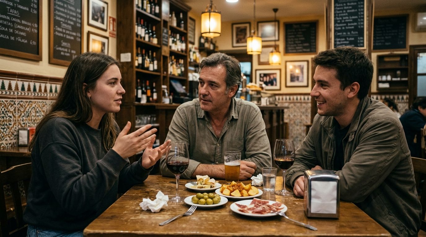 Small group of locals and expats chatting at a language exchange evening in a cosy Málaga bar
