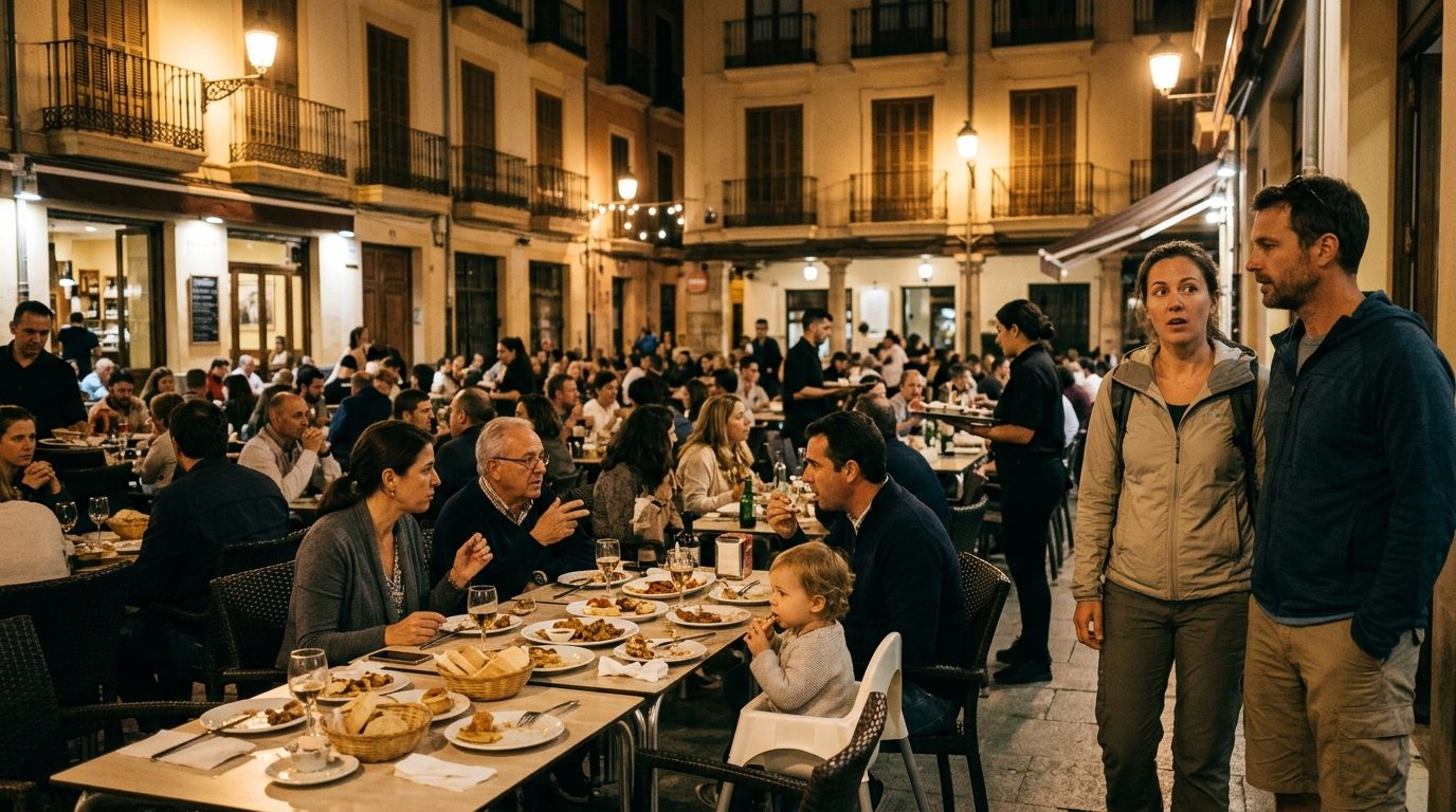 Spanish families with children eating a late dinner on a busy terrace as an expat couple arrives