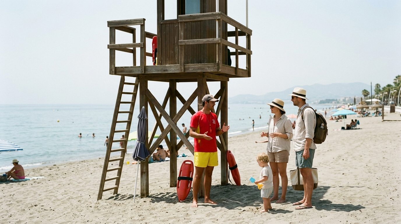 Lifeguard talking with a young expat family beside a lifeguard tower on a sunny beach in southern Spain