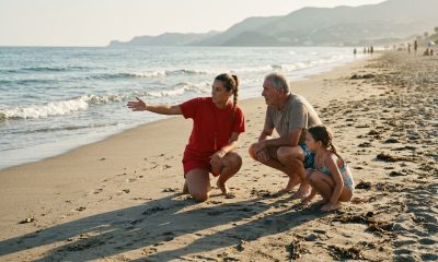 Young lifeguard talking to a grandfather and his granddaughter on the sand at a Costa del Sol beach in late afternoon light