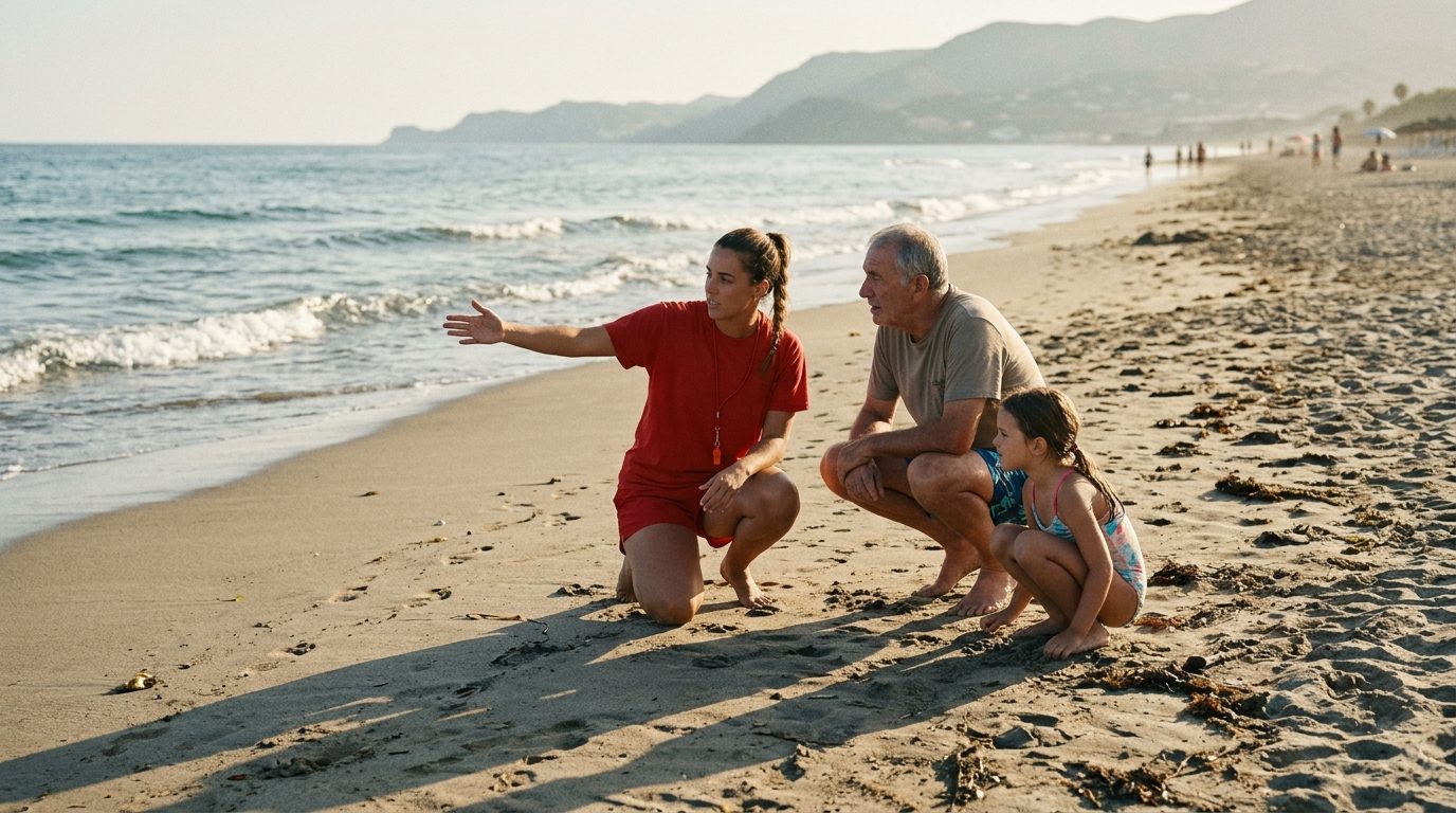 Young lifeguard talking to a grandfather and his granddaughter on the sand at a Costa del Sol beach in late afternoon light