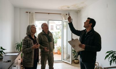 Couple showing a loss adjuster a water-stained ceiling in a whitewashed apartment in southern Spain