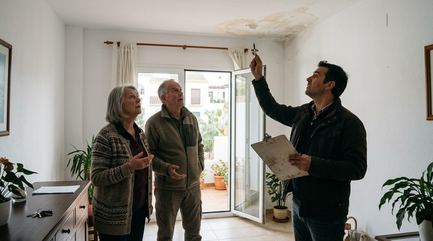 Couple showing a loss adjuster a water-stained ceiling in a whitewashed apartment in southern Spain