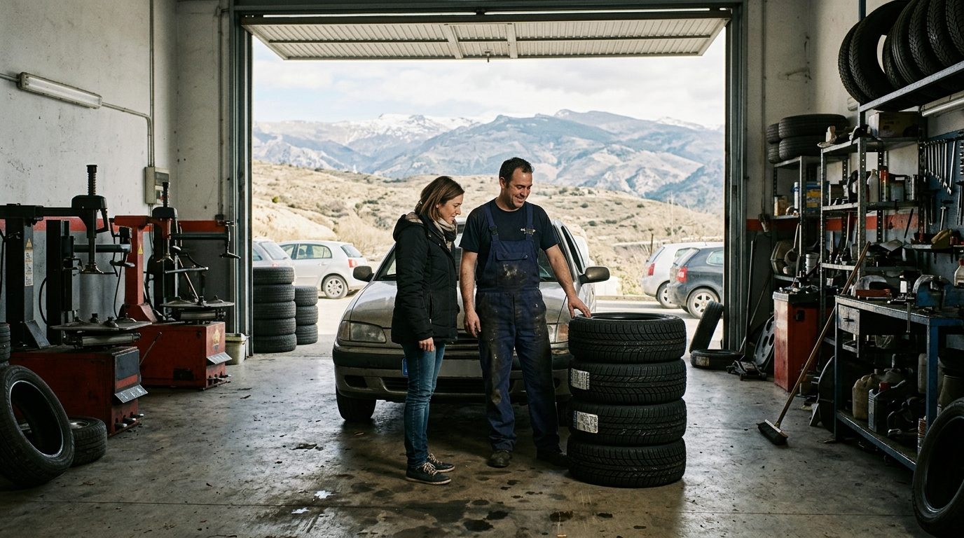 Mechanic and customer next to a car with winter tyres in a Spanish garage