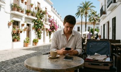 Newcomer using a smartphone at a café on the Costa del Sol