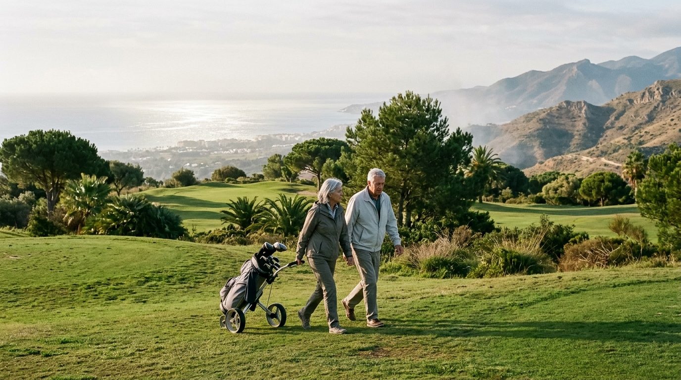 Older couple walking along a golf fairway with sea and mountain views on the Costa del Sol in early morning light