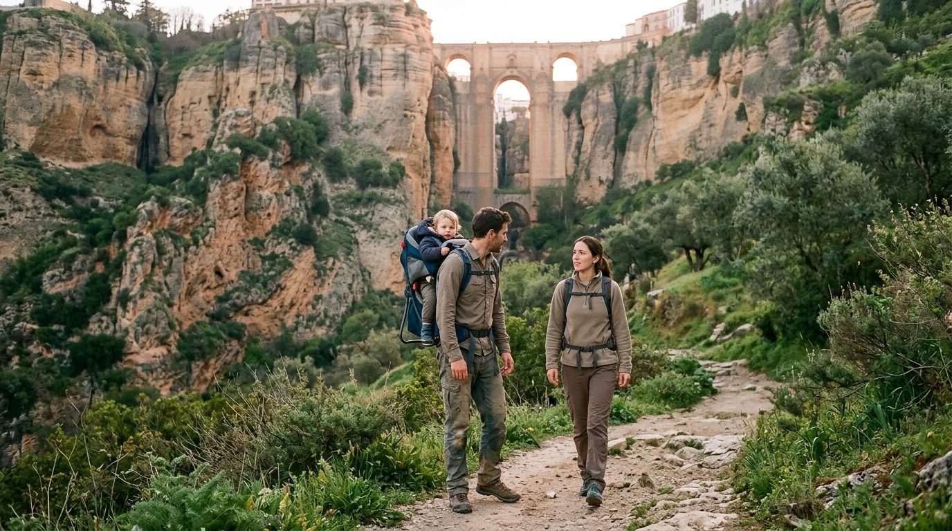 Young couple with a toddler in a carrier hiking below Ronda's Puente Nuevo at sunrise in spring