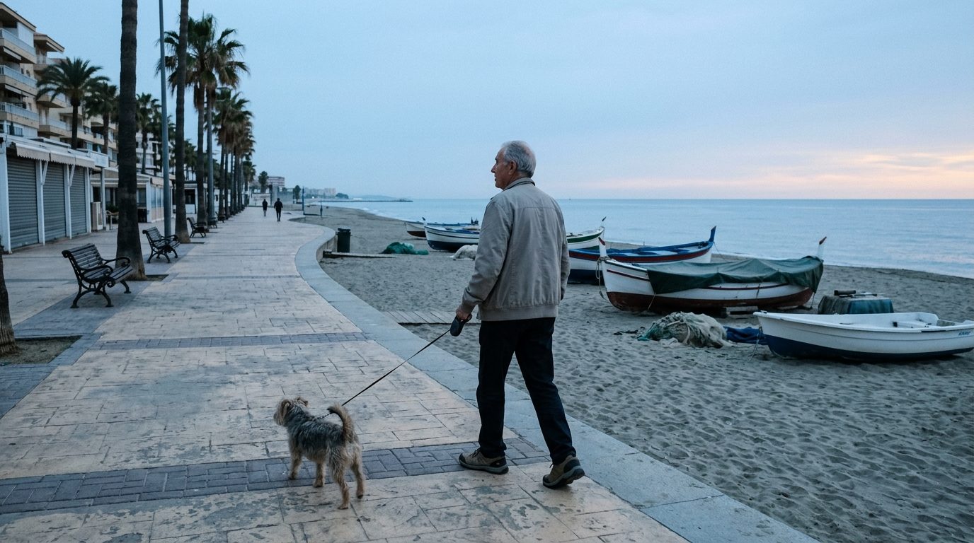Older man walking a small dog along a seafront promenade in Torremolinos in soft early morning light