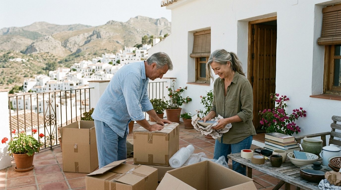 Couple in their sixties unpacking boxes on a sunny terrace of a white house in Frigiliana, Spain