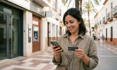 Woman outside a bank branch on a sunny Spanish street checking her new account in a banking app with her debit card