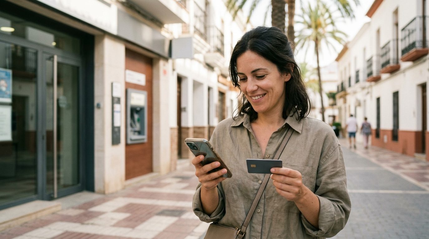 Woman outside a bank branch on a sunny Spanish street checking her new account in a banking app with her debit card