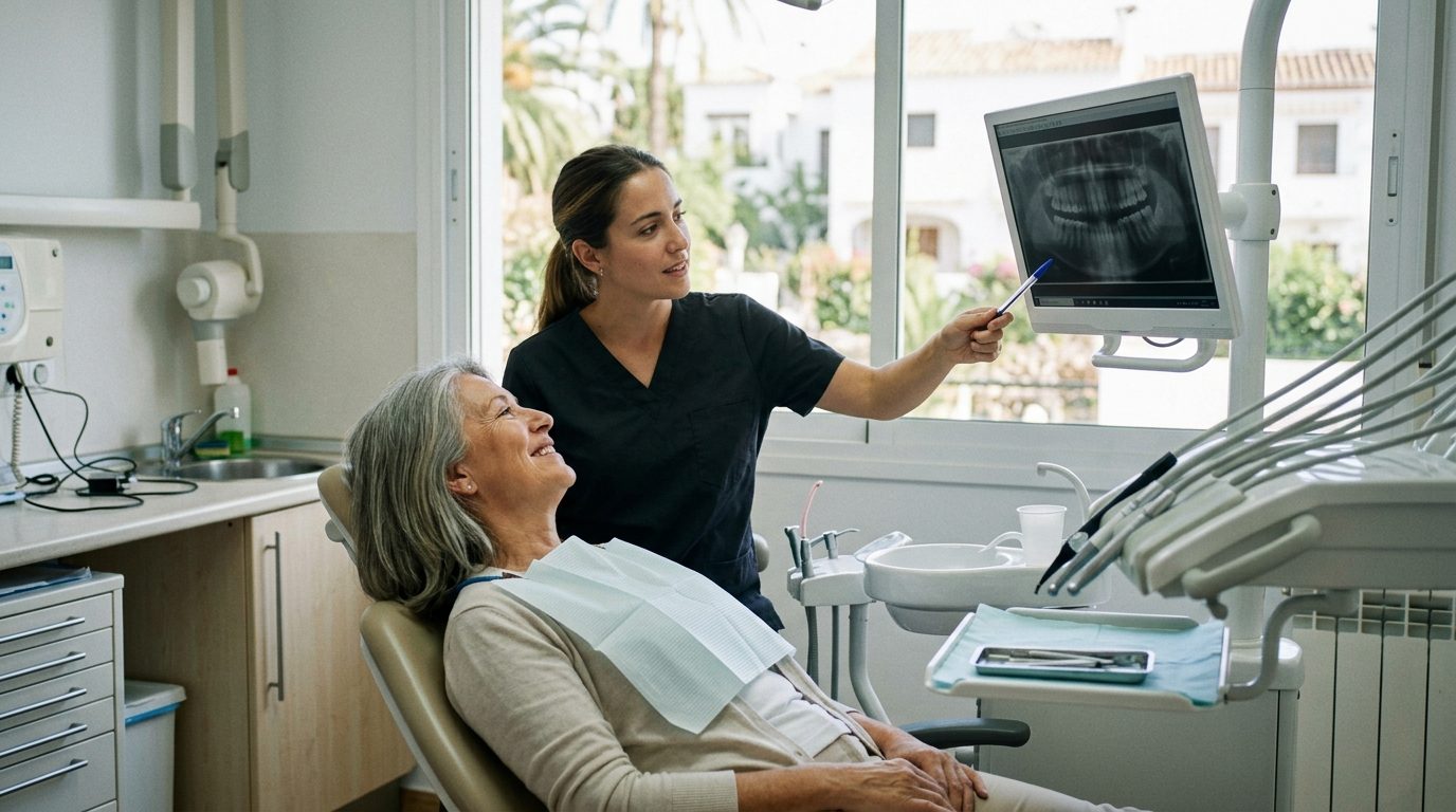 Retired woman in a dentist chair listening as a dentist explains an X-ray in a bright clinic on the Costa del Sol