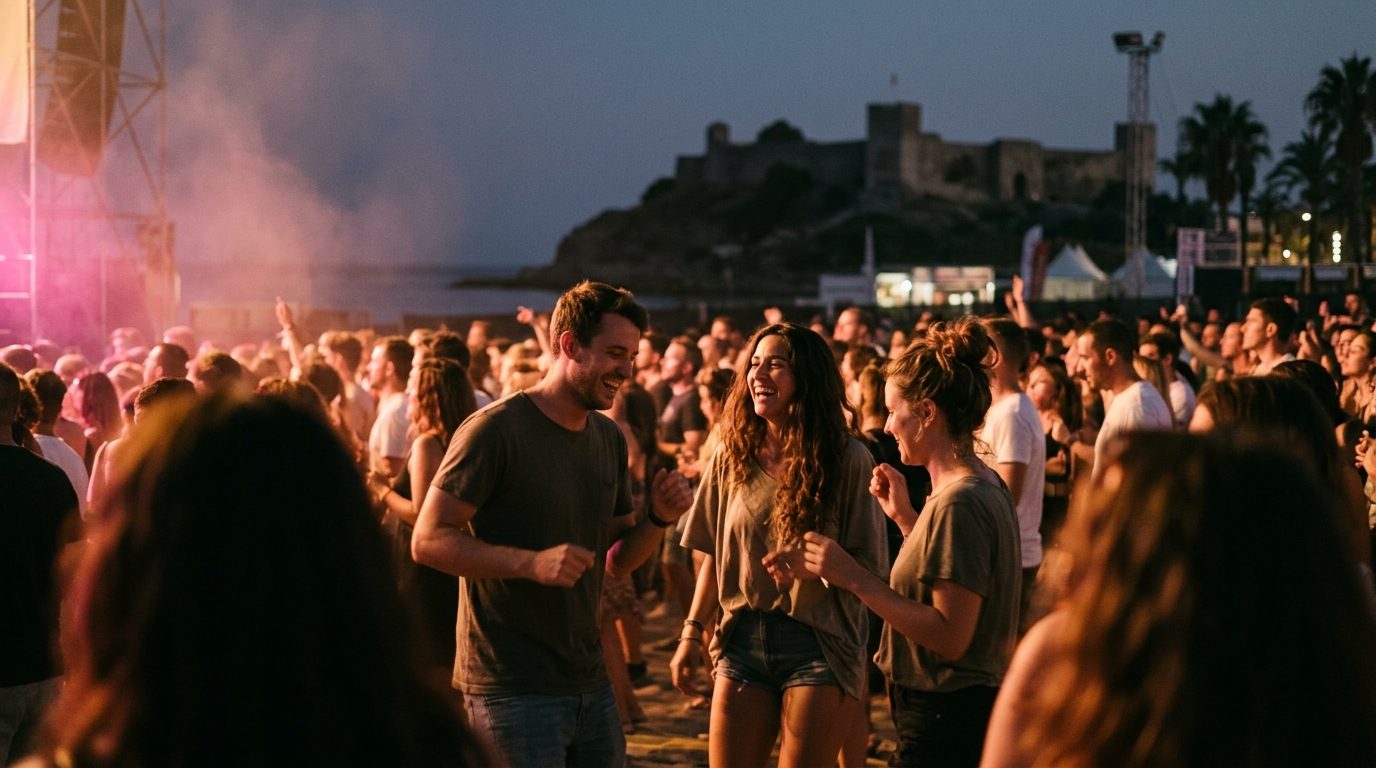 Friends dancing at an open-air summer concert by the sea on the Costa del Sol at dusk