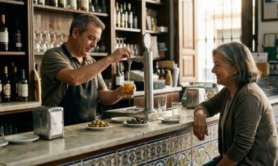 Barman pouring a small draught beer for a woman at a traditional tiled bar counter with olives on the counter