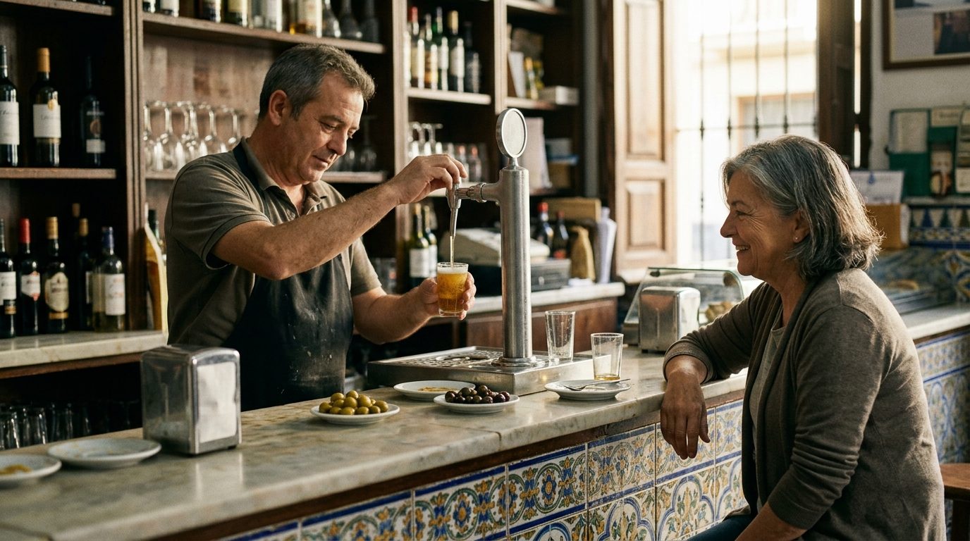 Barman pouring a small draught beer for a woman at a traditional tiled bar counter with olives on the counter