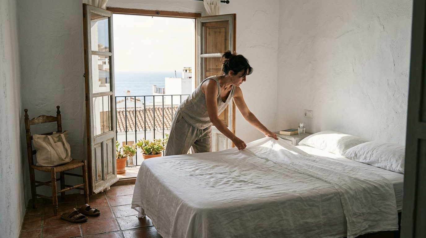 Owner in her forties making a bed with fresh linen in a sunny whitewashed holiday apartment in Nerja